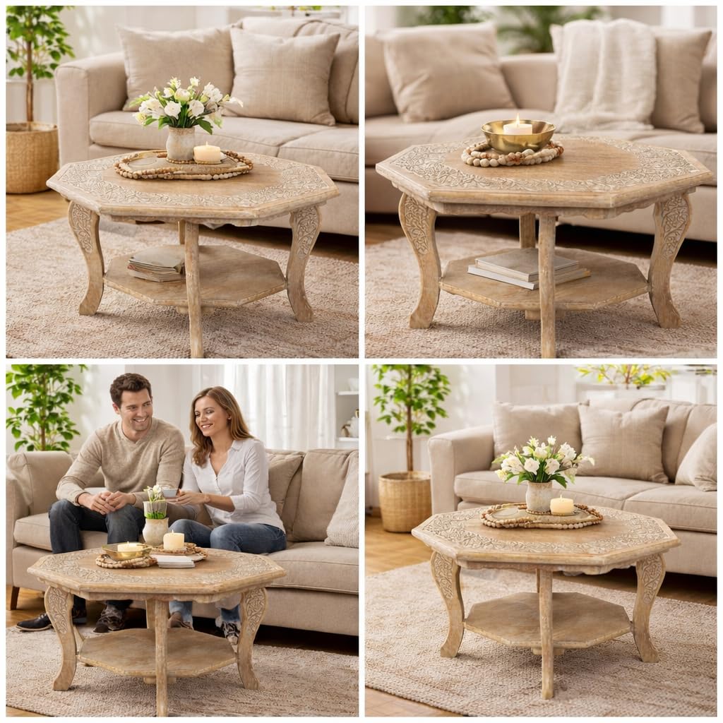Farmhouse Coffee Table, Jali Carving, 36x24x18 in, Burnt