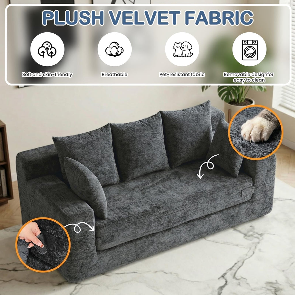 55" Small Boneless Couch, 3-in-1 Boneless Loveseat Sleeper Sofa Bed Convertible Sofa Bed with 4 Pillows, Black Corduroy Boneless Couch for Living Room, Guest Room, Small Space, No Assembly Required