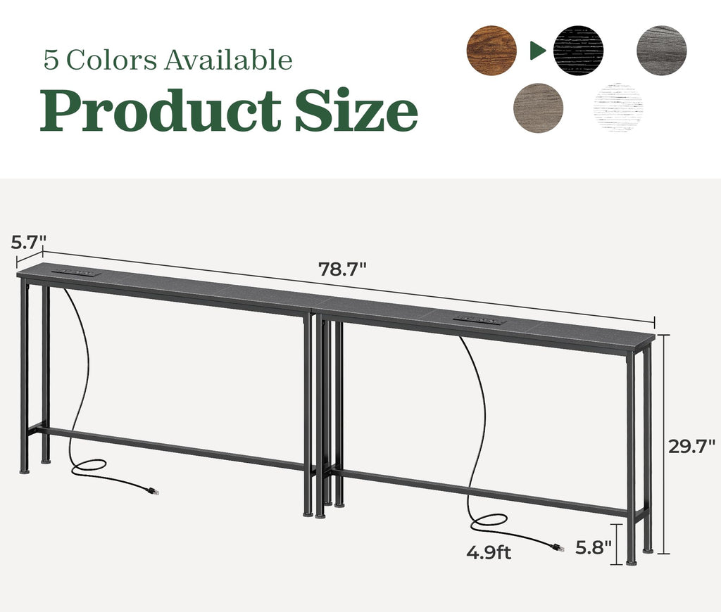 SUPERJARE 110.2 inch Narrow Behind Couch Table with Charging Stations