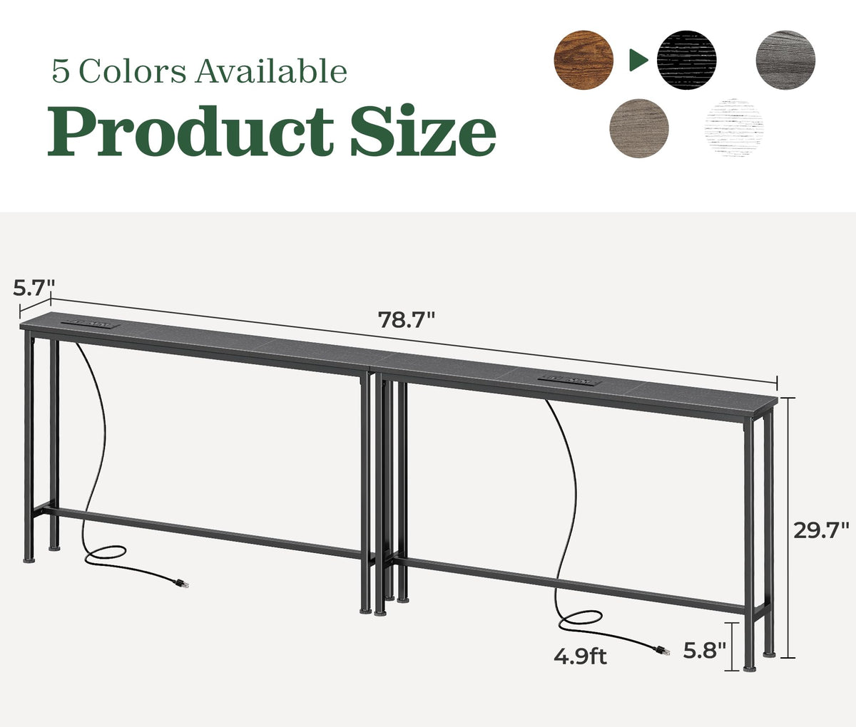 SUPERJARE 110.2 inch Narrow Behind Couch Table with Charging Stations