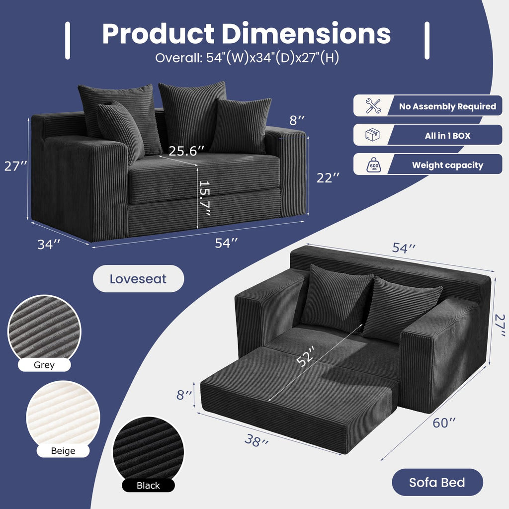 3-in-1 Convertible Sofa Bed: Boneless Loveseat Sleeper & Folding Couch Bed with 4 Pillows & Detachable Cushion, Furry Futon Couch for Bedroom, Apartment, Office and Living Room, No Assembly, Orange