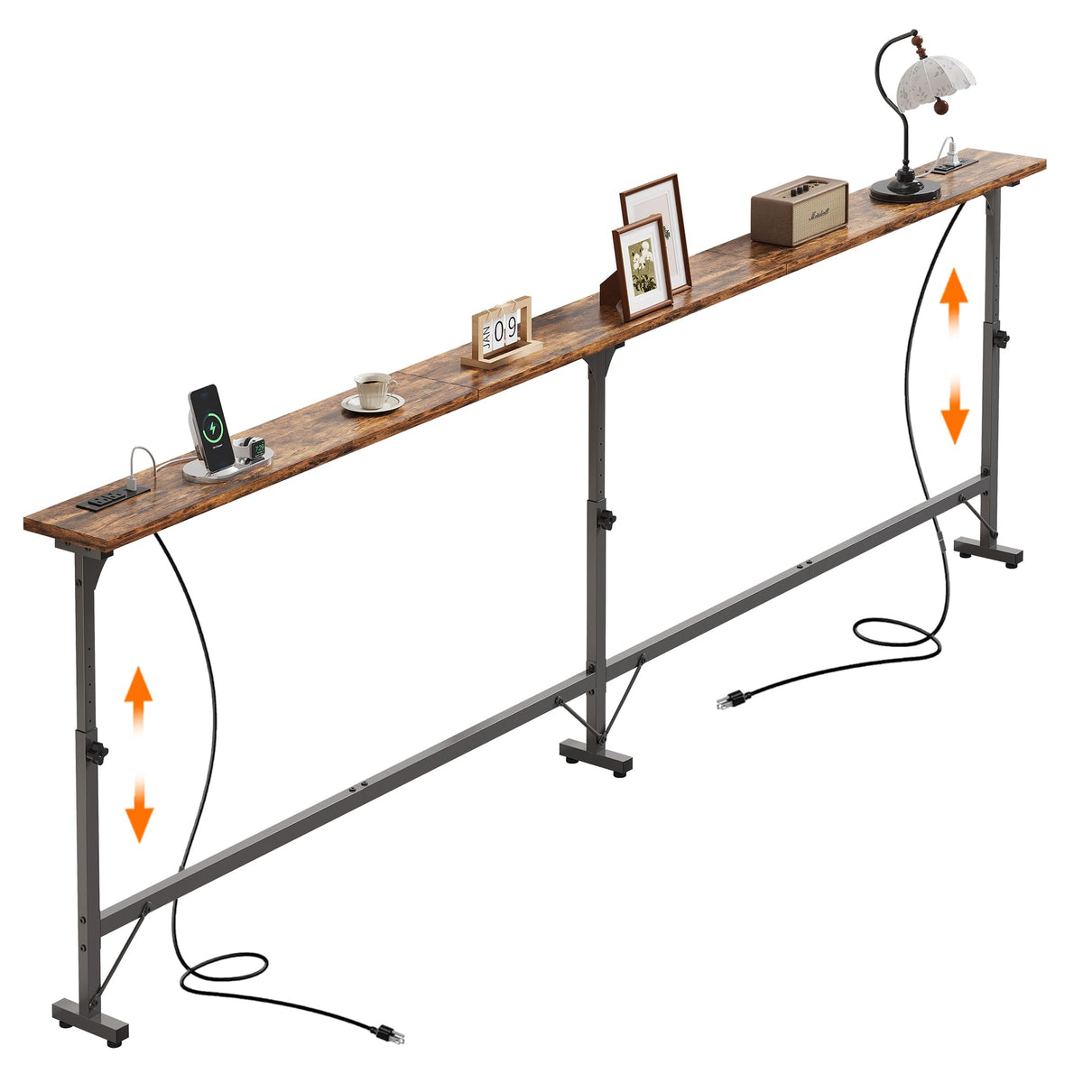 106"-157" Adjustable Length Behind Couch Sofa Table with 3 Power Outlets