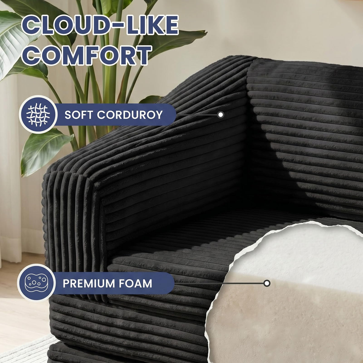 Convertible Folding Sofa Bed, 2-in-1 Single Boneless Sofa with Soft Corduroy & Ultra-Thick Backrest, Foldable Boneless Chair Lounger Sleeper Sofa for Small Apartment, Living Room, Home Office