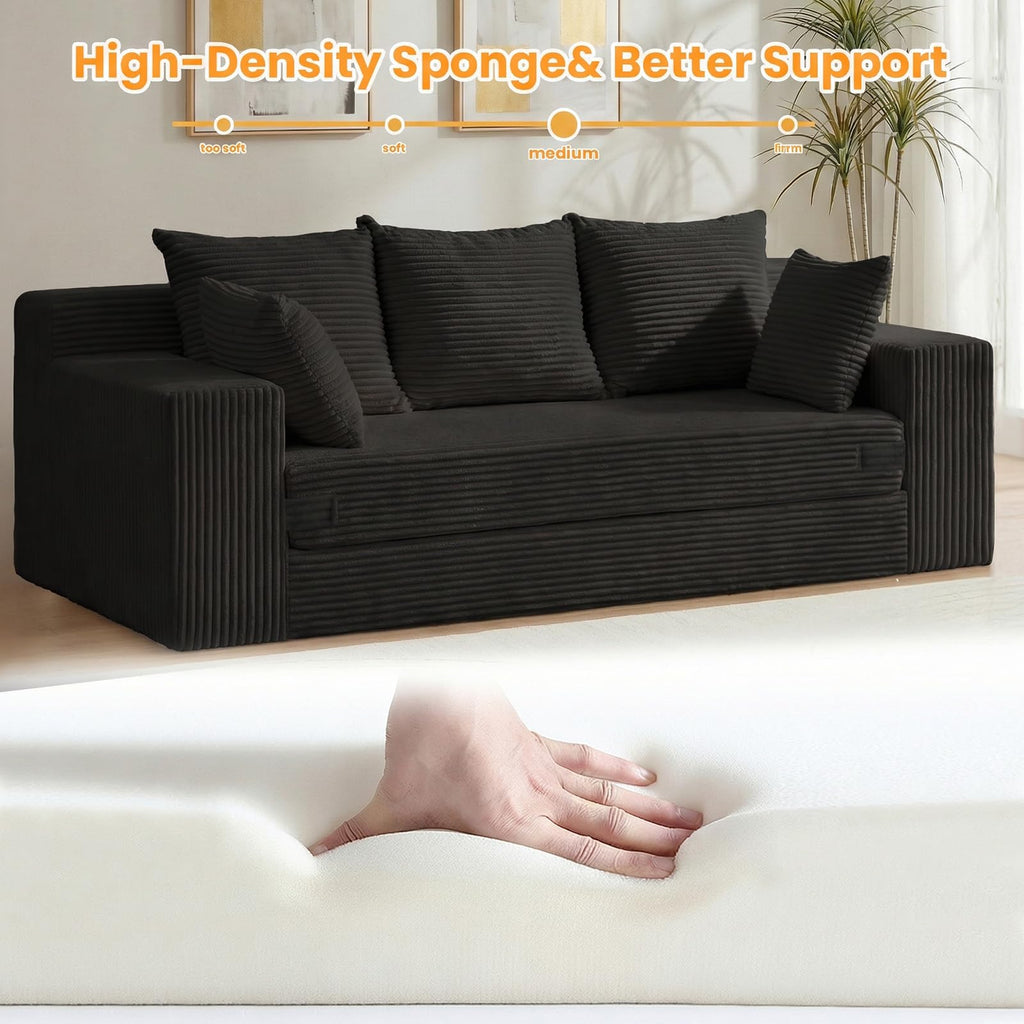 55" Small Boneless Couch, 3-in-1 Boneless Loveseat Sleeper Sofa Bed Convertible Sofa Bed with 4 Pillows, Black Corduroy Boneless Couch for Living Room, Guest Room, Small Space, No Assembly Required
