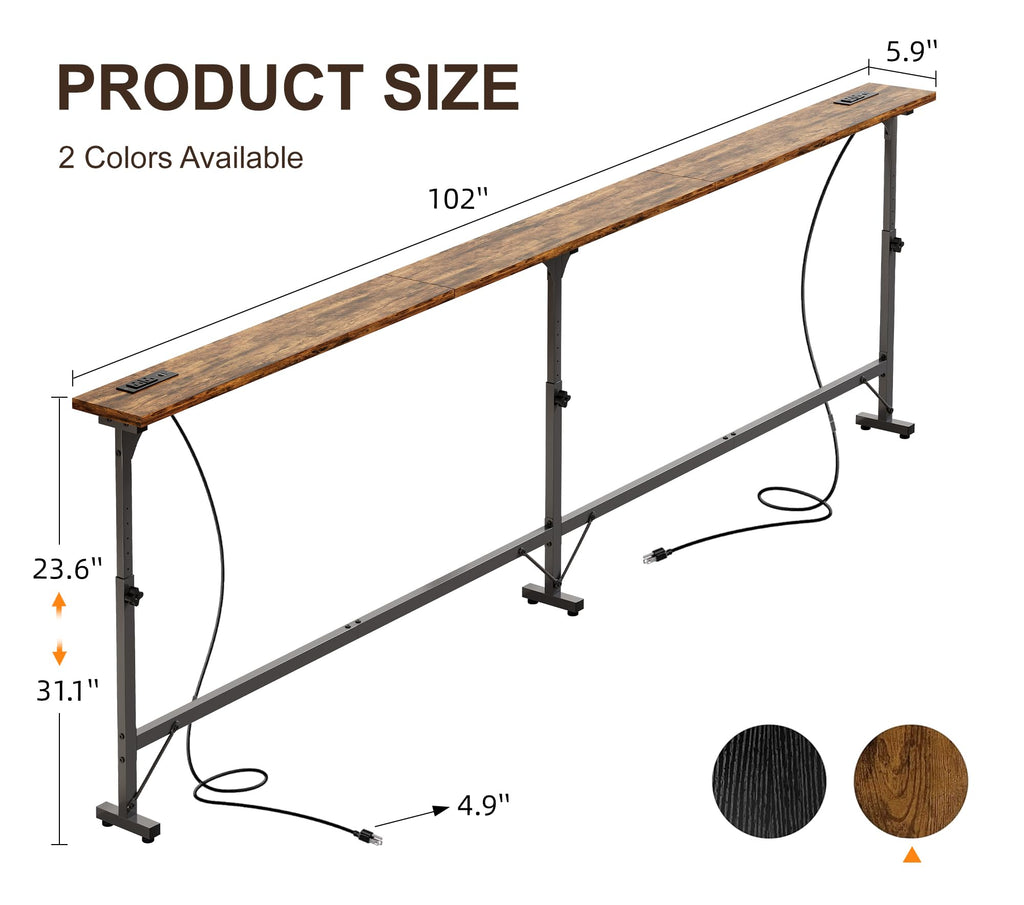 106"-157" Adjustable Length Behind Couch Sofa Table with 3 Power Outlets