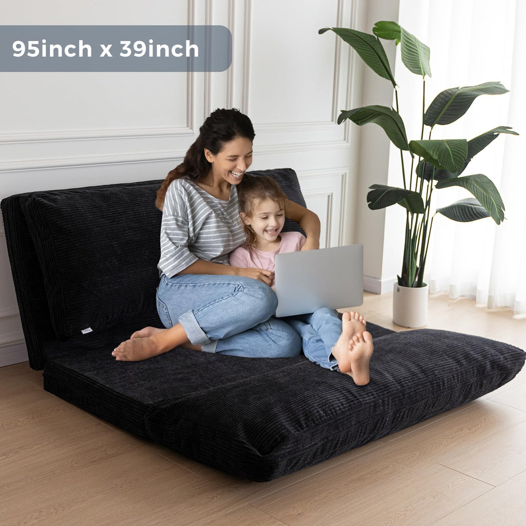 MAXYOYO Folding Sofa Bed, Extra Thick and Long Floor Sofa Convertible Chair with Washable Cover, Floor Couch Lounge Bean Bag Bed for Living Room, Dark Grey, 54x91 Inch