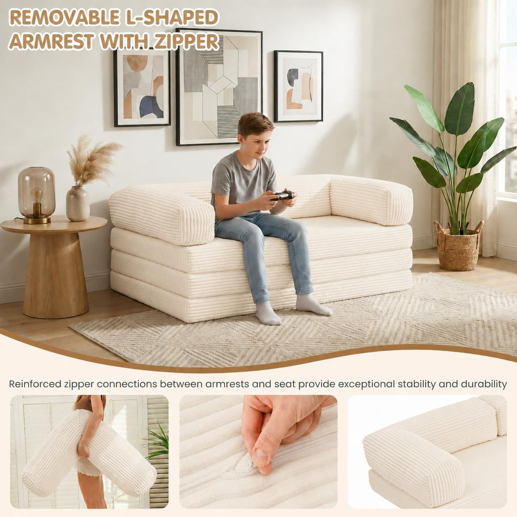 Convertible Sofa Bed Queen,5-in-1 Boneless Couch with Removable Armrests & Handle,Corduroy Futon Sleeper Sofa,Floor Folding Mattress Pull Out Bed for Small Space Apartment Living Room Bedroom,Green