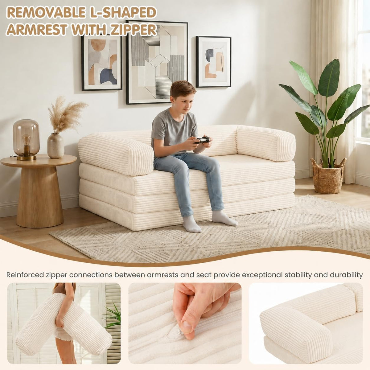 Convertible Sofa Bed Queen,5-in-1 Boneless Couch with Removable Armrests & Handle,Corduroy Futon Sleeper Sofa,Floor Folding Mattress Pull Out Bed for Small Space Apartment Living Room Bedroom,Green