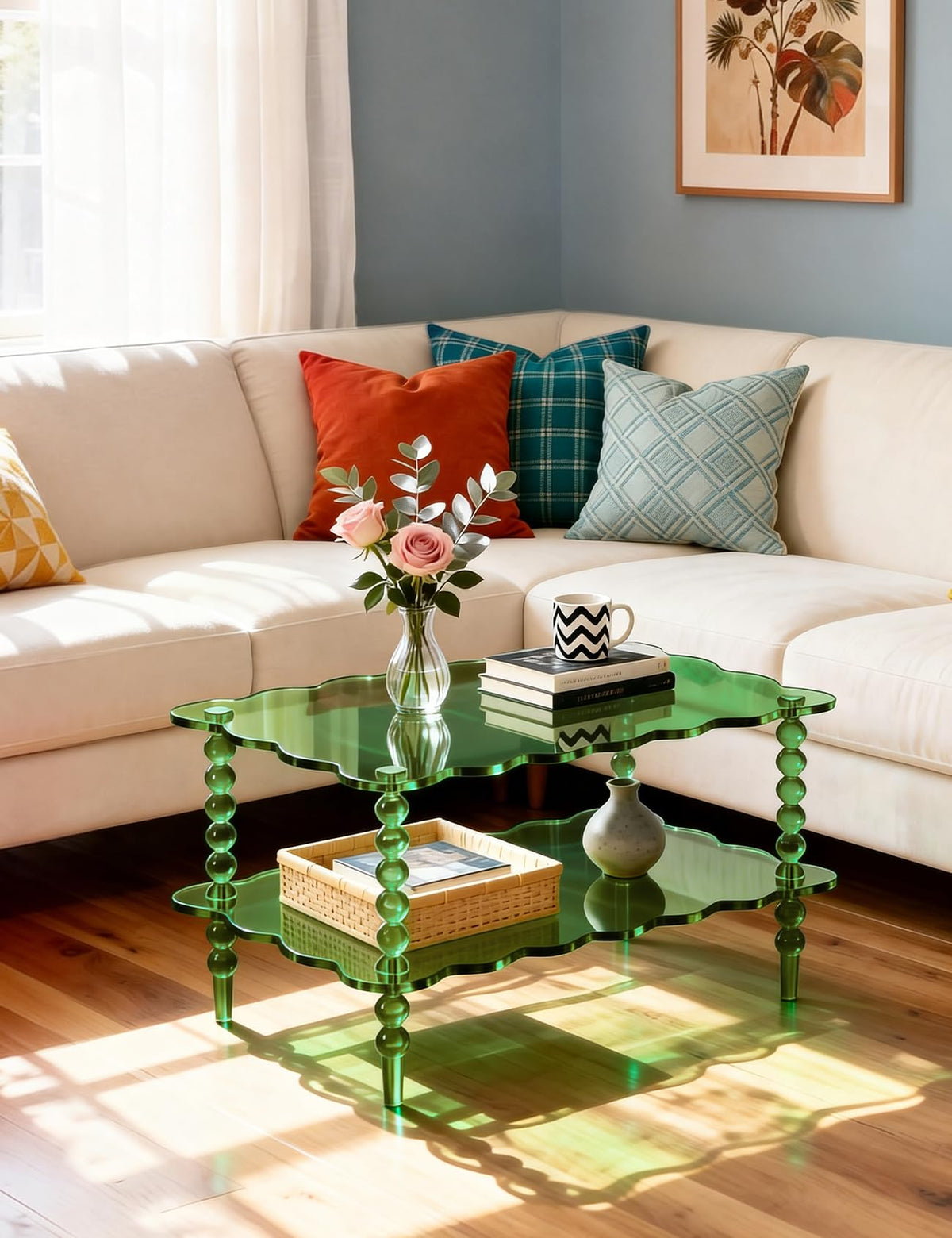 Acrylic Coffee Table, 2-Tier Living Room Table with Storage, Center Table Mid-Modern Century for Living Room, Easy to Assemble (Green, 37.8âÃ23.6âÃ15.7â)
