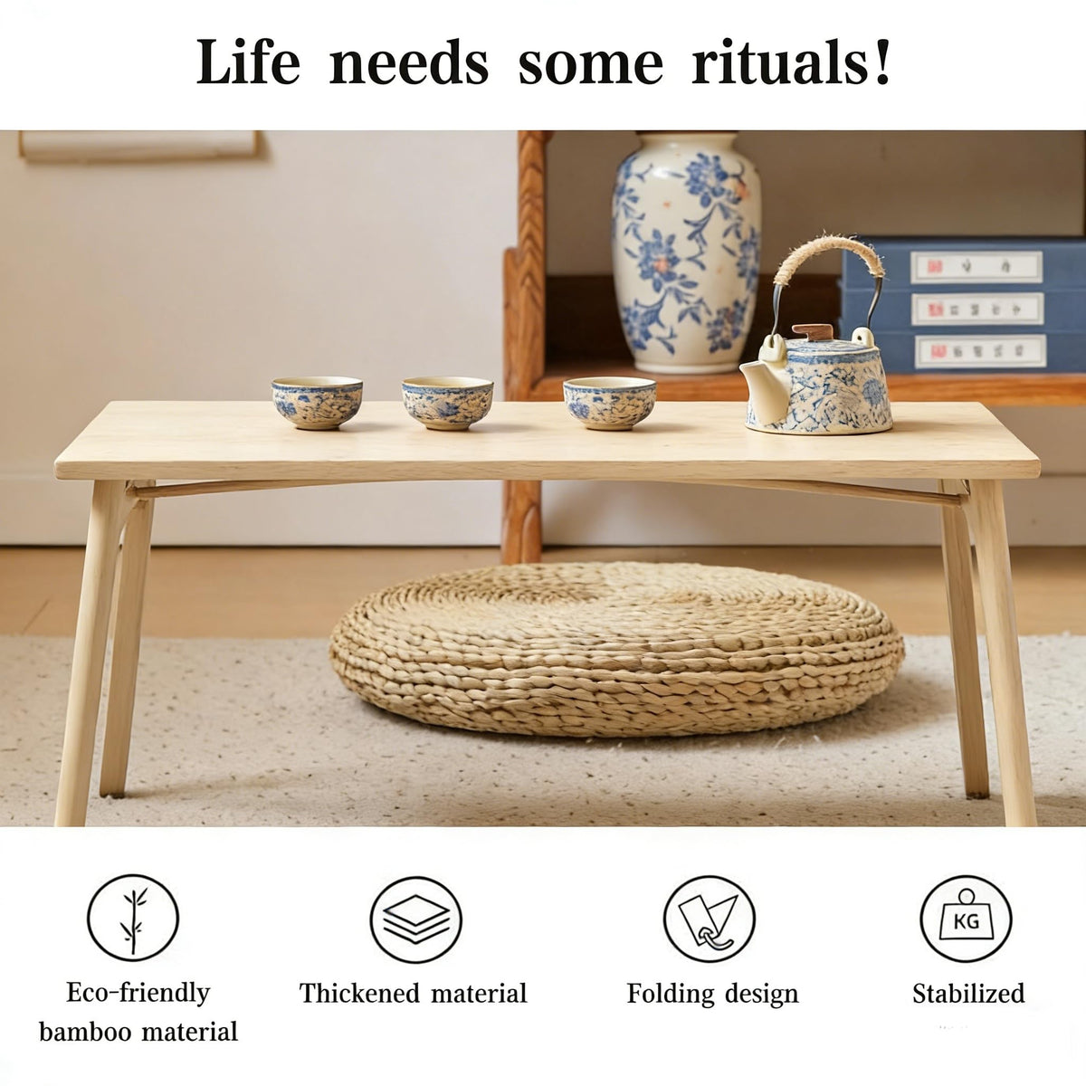 JIKUGO Bamboo Folding Coffee Table No Assembly Required Japanese Floor Table for Bedroom Living Room, Walnut, 26 x 15.8 x 11.8 Inches