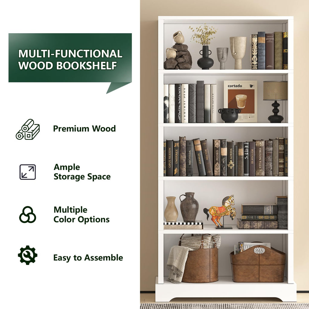 TVU 5 Tiers Wooden Bookshelf, 65.2" Tall Farmhouse Style Open Bookcase, 31.5" Wide Standing Book Shelf with Storage for Study Room, Living Room, Walnut Brown
