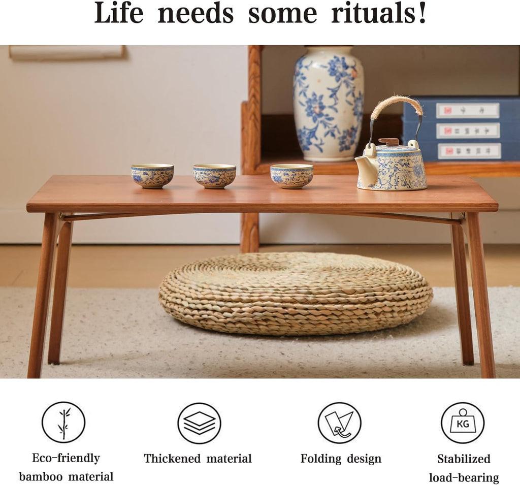 JIKUGO Bamboo Folding Coffee Table No Assembly Required Japanese Floor Table for Bedroom Living Room, Walnut, 26 x 15.8 x 11.8 Inches