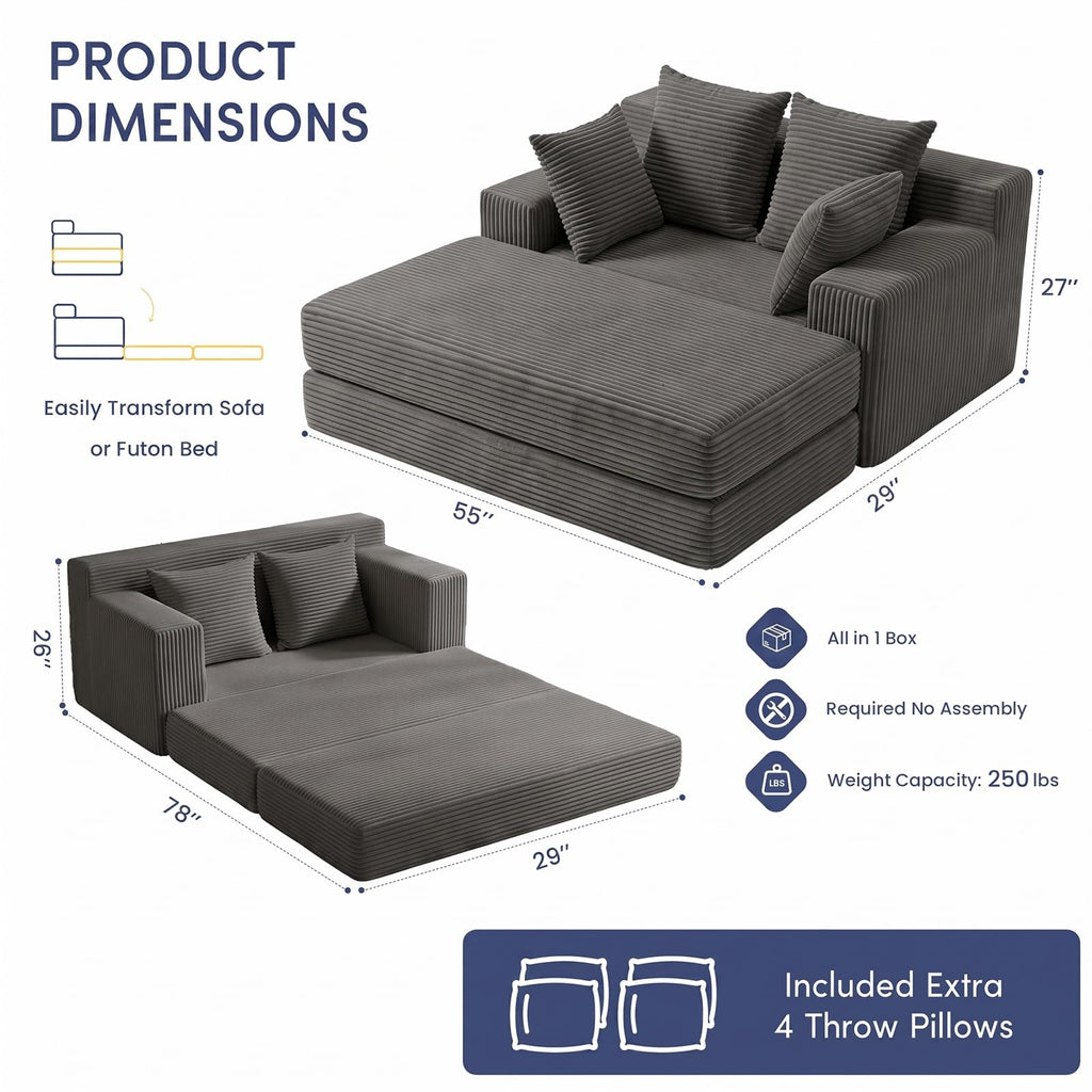 cidludto Convertible Sofa Bed, 3 in 1 Loveseat Folding Couch Bed Foldable - Chaise Lounge Chair & Floor Futon Sofa, Corduroy Pull Out Sofa Bed with 4 Pillows for Living Room, Beige