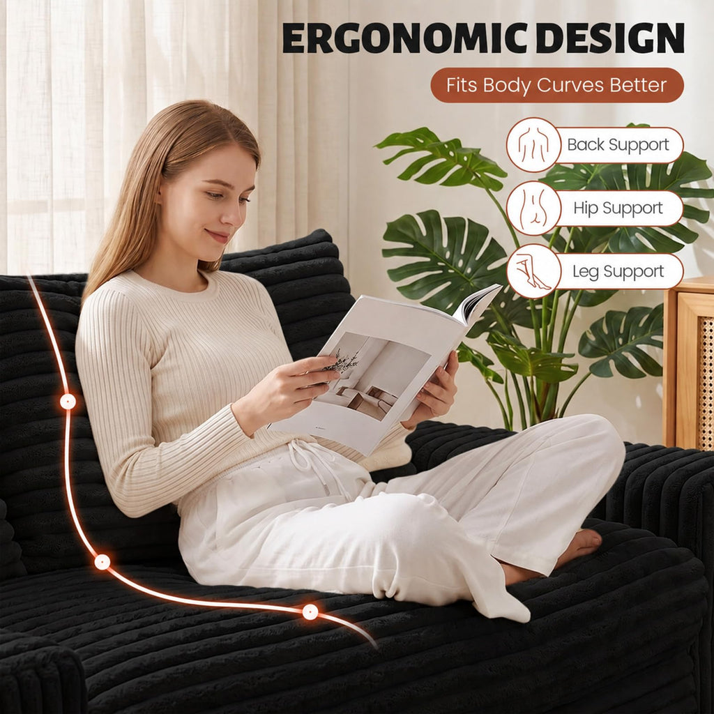 Small Boneless Couch, Boneless Loveseat Convertible Sofa Bed Sleeper Sofa Couch Bed with 2 Pillows, Corduroy Folding Floor Futon Foldable Boneless Couch for Living Room, Guest Room, Small Space, Black