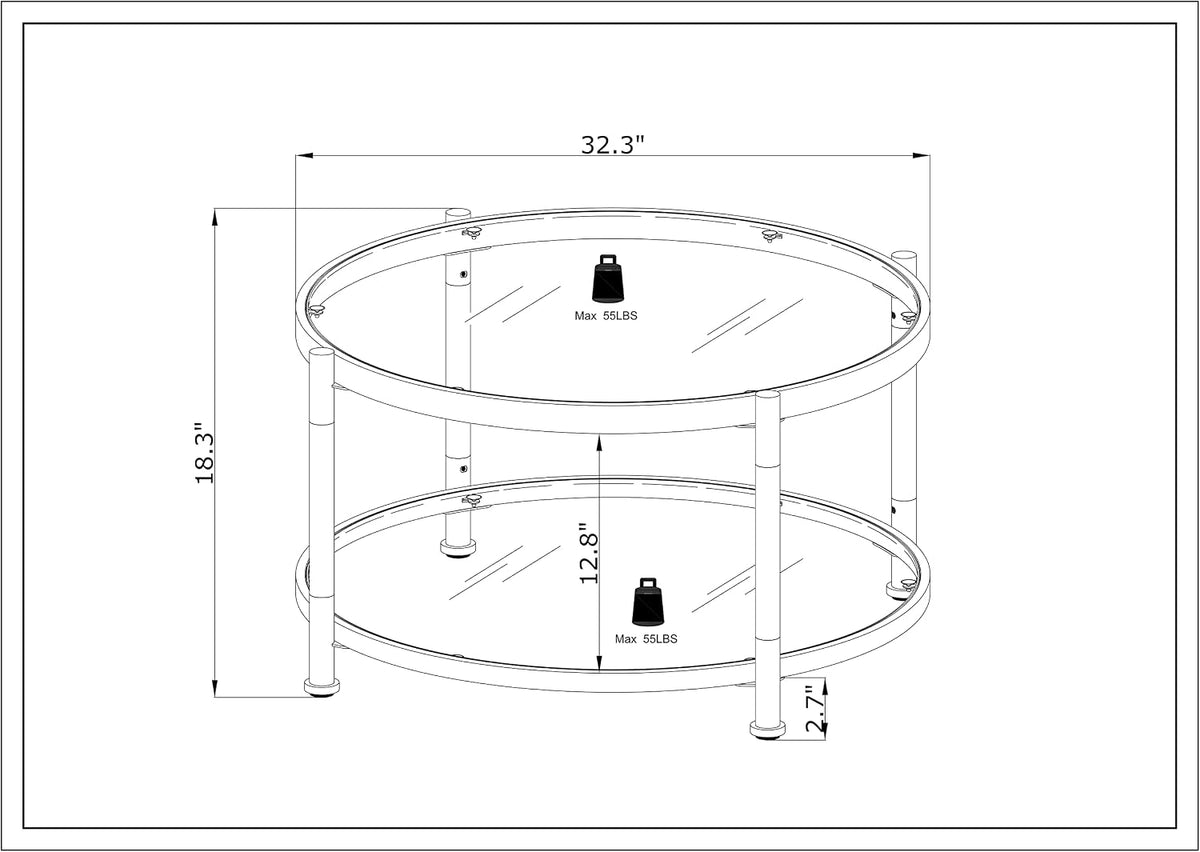 32" Tempered Glass Round Coffee Table Modern Chrome Frame Acrylic Legs Circle Living Room Center Tables