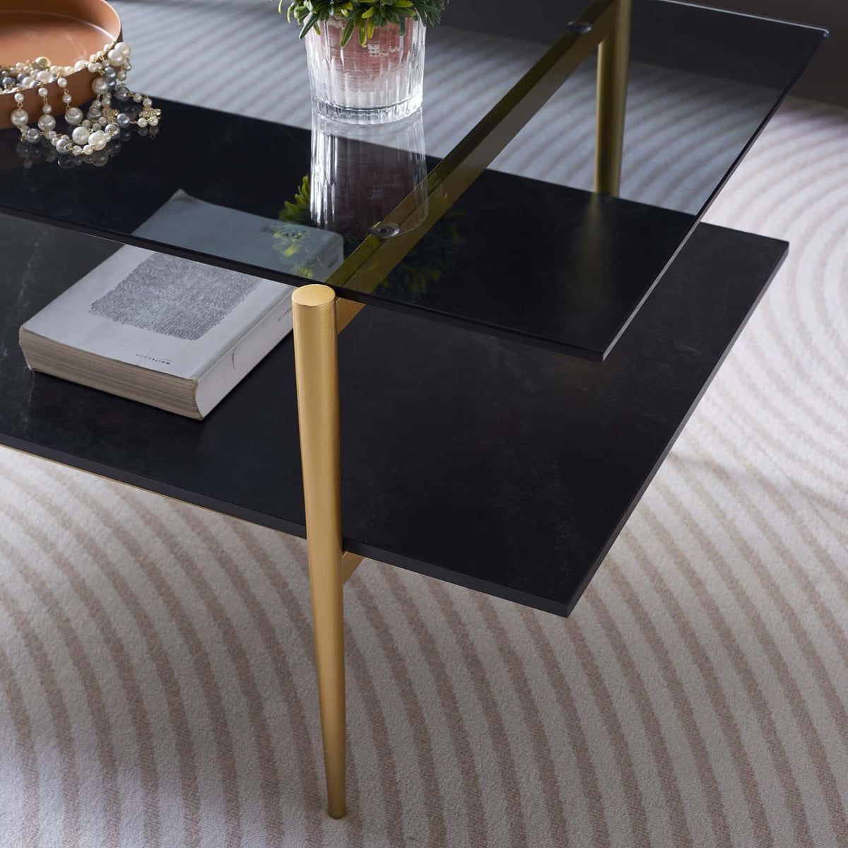 LumFurn Round Coffee Table for Living Room, Mid-Century Modern Design, D30 x H17, 2-Tier Structure, Grey Glass Top and Black Marble Finish Wood Shelf, Sleek Conical Metal Legs with Gold Finish Frame