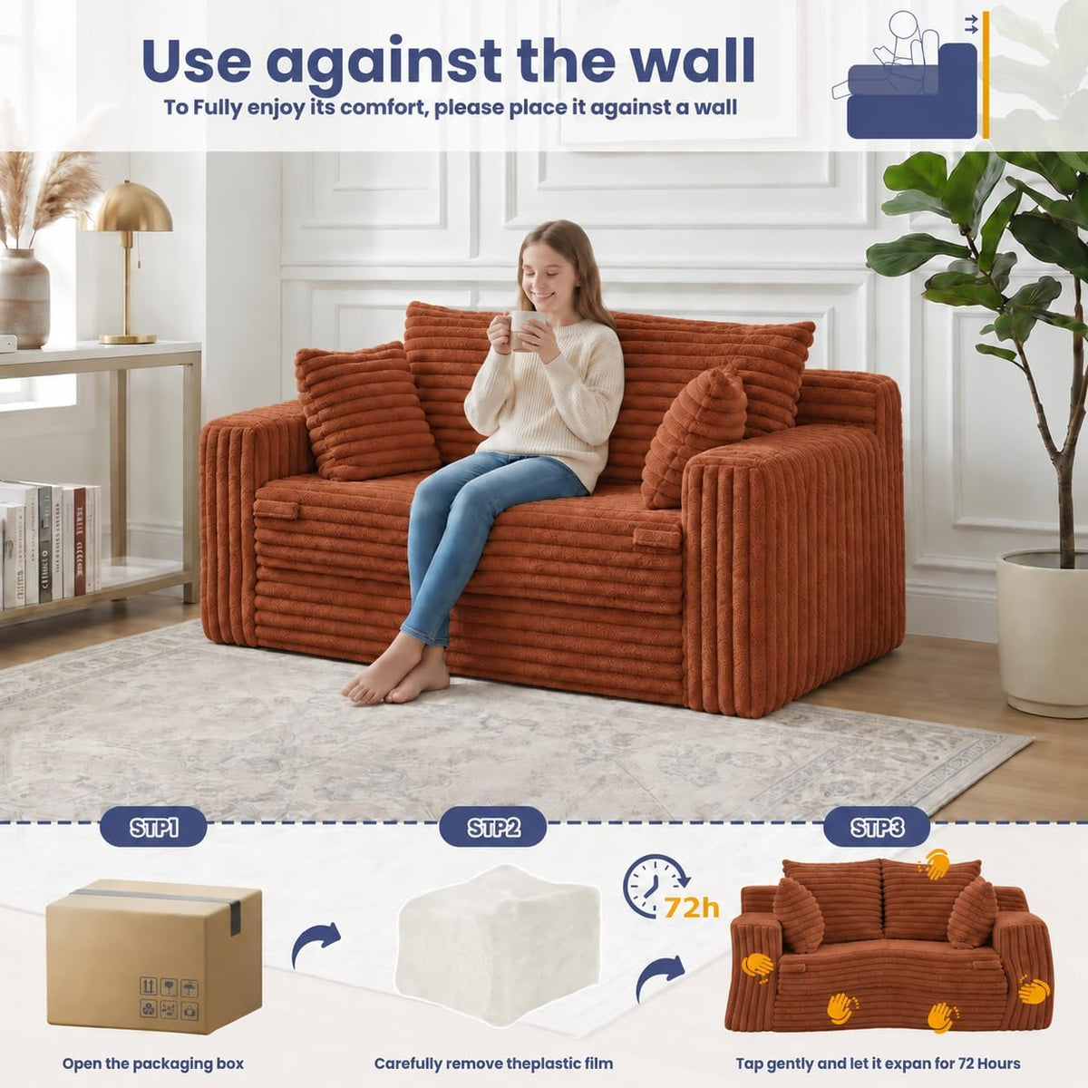 3-in-1 Convertible Sofa Bed: Boneless Loveseat Sleeper & Folding Couch Bed with 4 Pillows & Detachable Cushion, Furry Futon Couch for Bedroom, Apartment, Office and Living Room, No Assembly, Orange