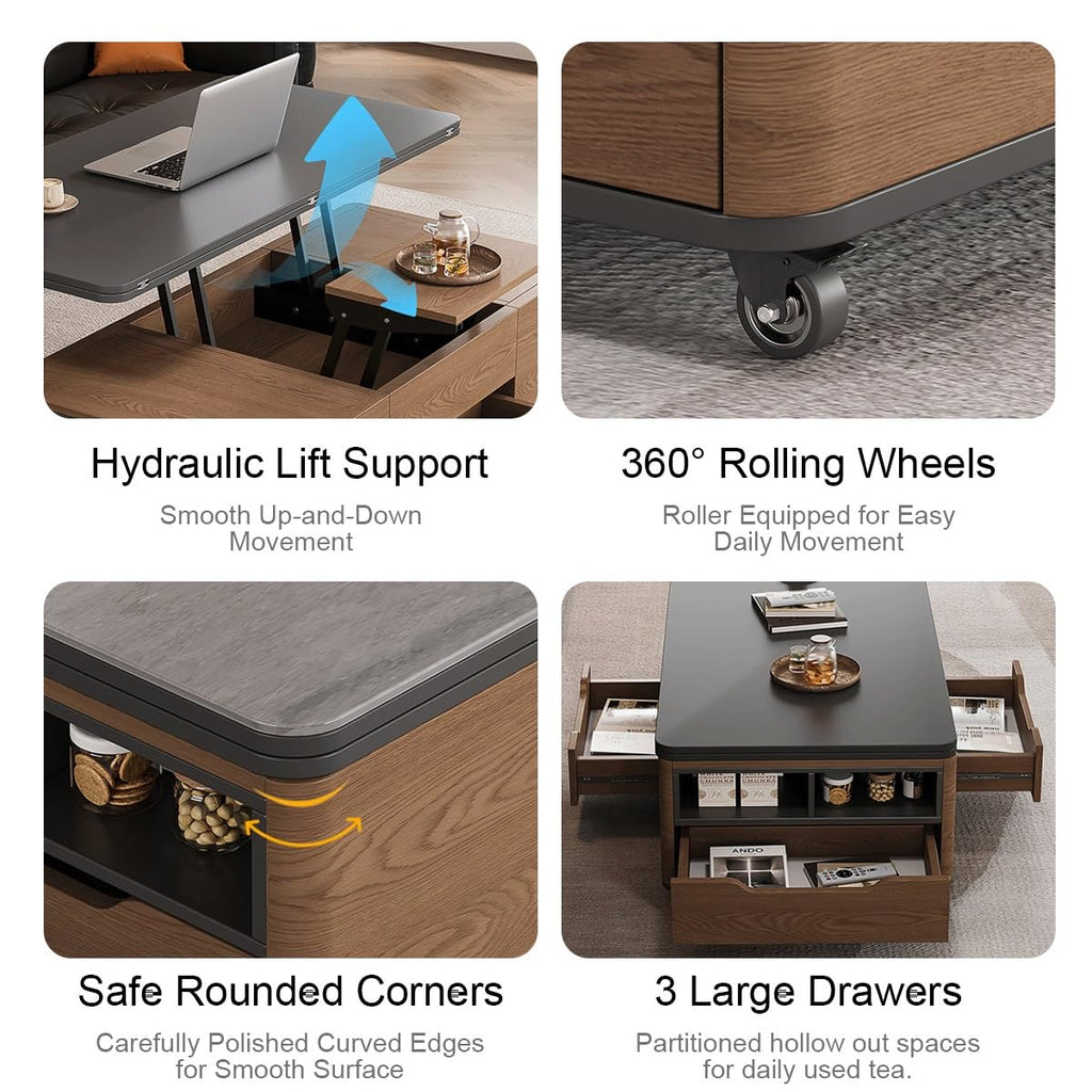 3âinâ1 LiftâTop CoffeeâTable with Storage Drawers & Rolling Casters
