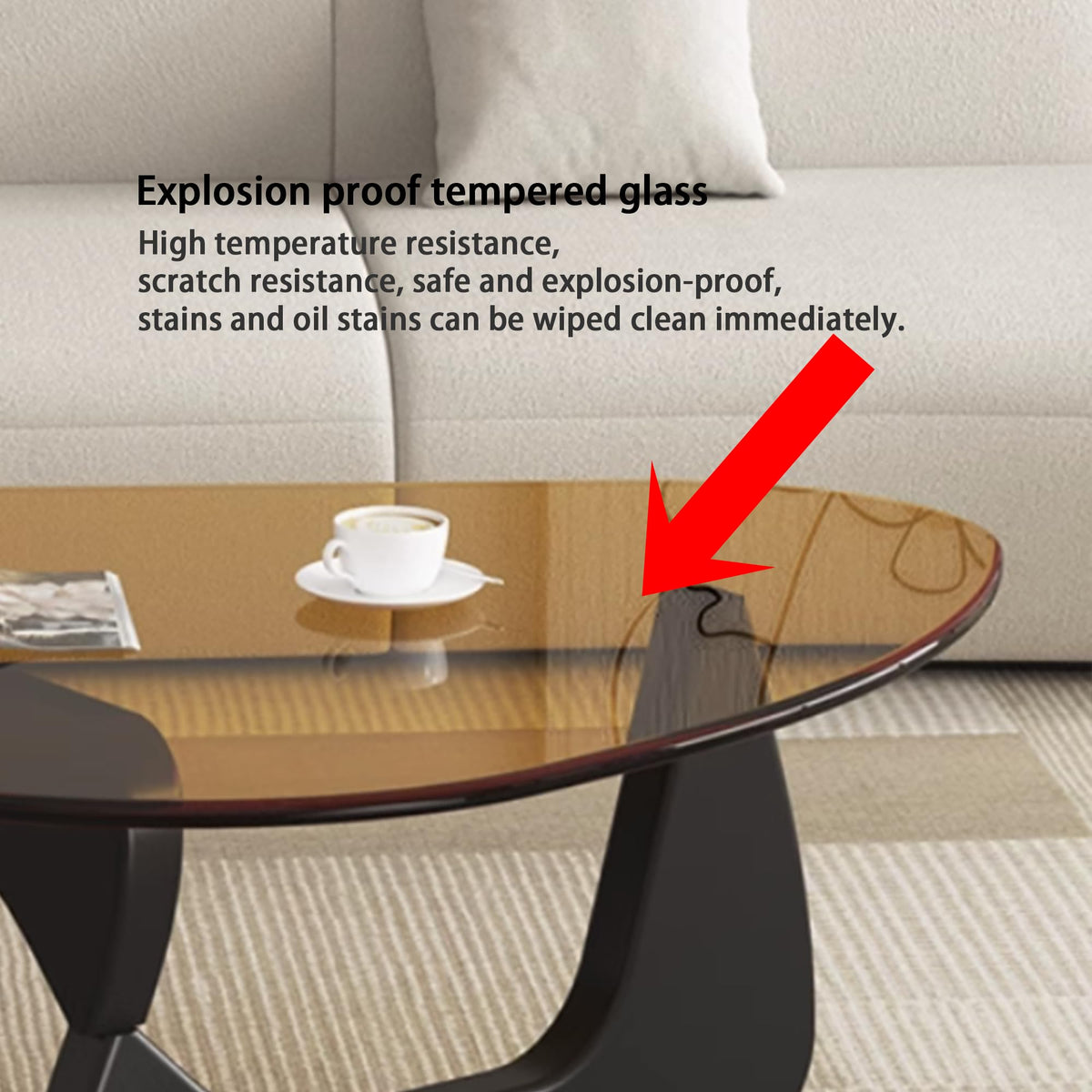 EASYSOUL Modern Glass Coffee Table, 32.68" D x 22.44" W x 15.75" H, Abstract Round Tea Tables for Living Room Home Office Industrial Cocktail Tables (Walnut-Brown Glass, 32.68")