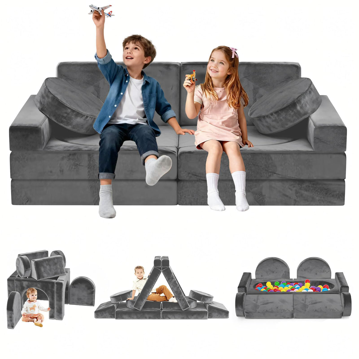 12pcs Modular Kids Play Couch, Convertible Toddler Sectional Sofa