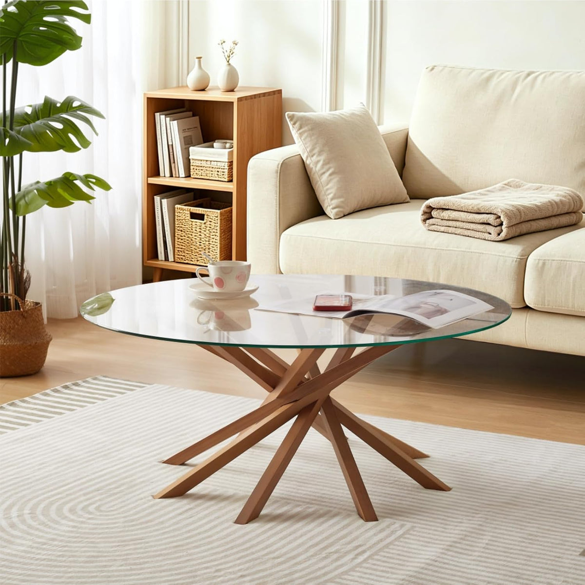 Round Glass Coffee Table-Mid Century Modern Solid Wood Coffee Table
