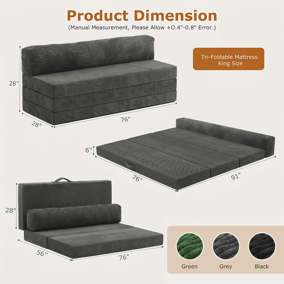 JUIKURY 6 Inch Tri-Fold Memory Foam Mattress Queen Size, 5 in 1 Convertible Sofa Bed, Foldable Floor Futon Sleeper Couch with Washable Cover & High-Density Foam, Portable Guest Bed for Living Room