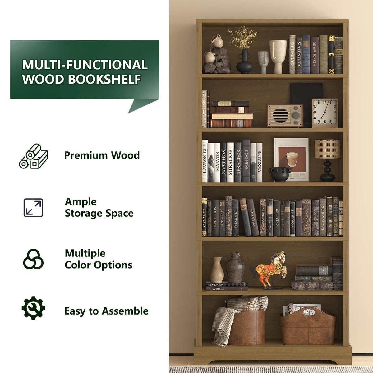 TVU 5 Tiers Wooden Bookshelf, 65.2" Tall Farmhouse Style Open Bookcase, 31.5" Wide Standing Book Shelf with Storage for Study Room, Living Room, Walnut Brown