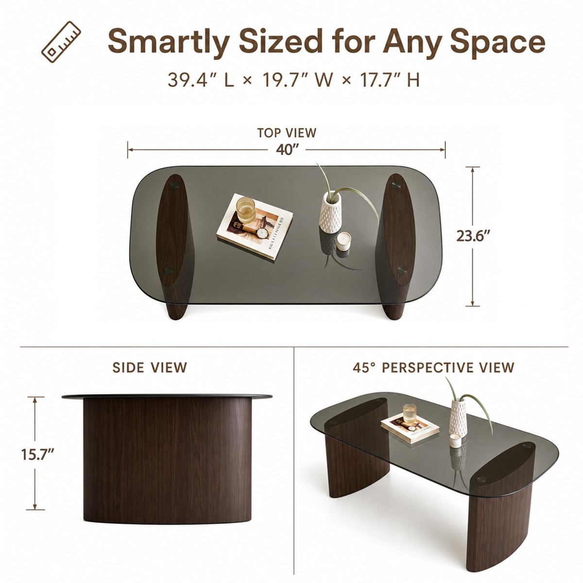 Honyee Glass Coffee Table, 30.7â Round Coffee Table with Tempered Glass Top, Walnut Wood X-Shaped Base, Stable Modern Center Table for Living Room, Apartment and Small Spaces