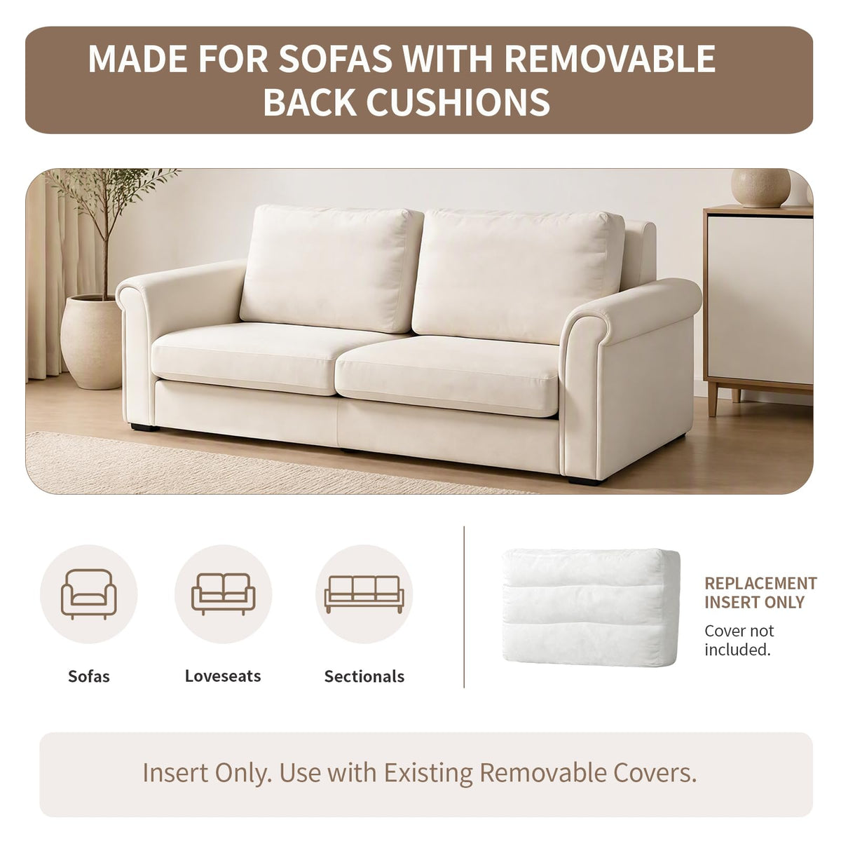 Couch Back Cushion Insert, 28"L x 18"W x 6"H, 3 Pack Replacement