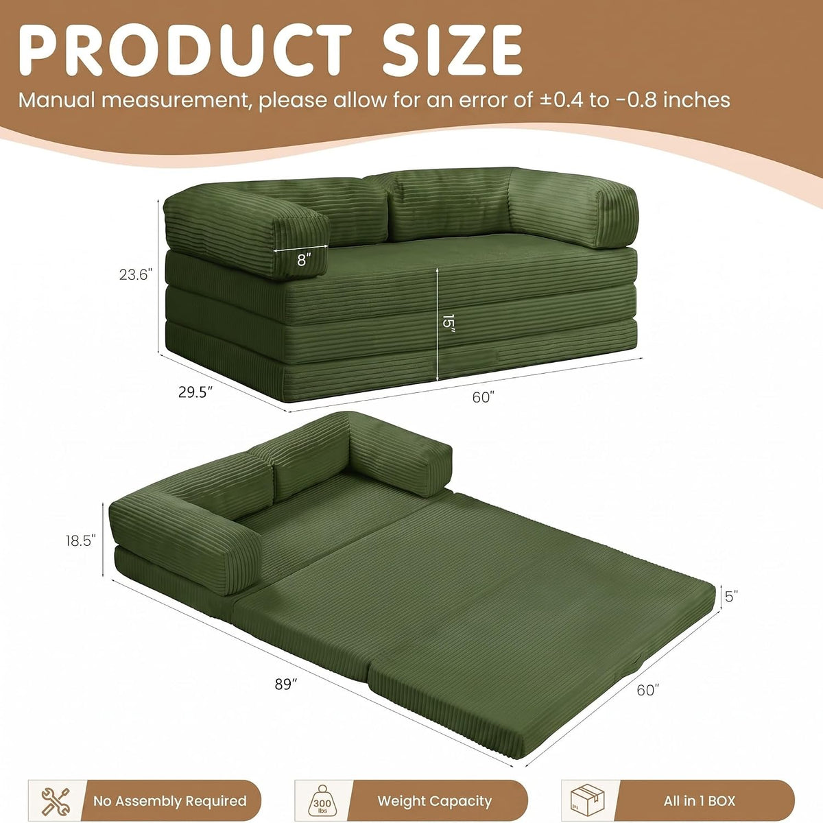 Convertible Sofa Bed Queen,5-in-1 Boneless Couch with Removable Armrests & Handle,Corduroy Futon Sleeper Sofa,Floor Folding Mattress Pull Out Bed for Small Space Apartment Living Room Bedroom,Green