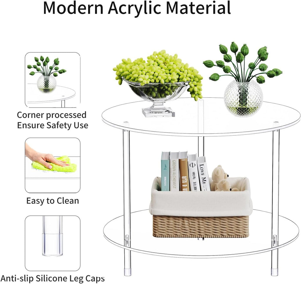 Clear Round Acrylic Coffee Table with Storage, 23.6" L x 23.6" W x 18.4" H, 2 Tier Modern Lucite Center Side End Tables for Living Room, Thicken Sturdy Transparent Circle Accent Tea Table 0041