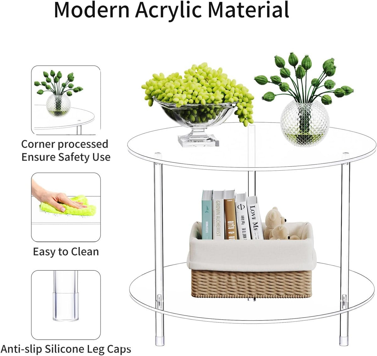 Clear Round Acrylic Coffee Table with Storage, 23.6" L x 23.6" W x 18.4" H, 2 Tier Modern Lucite Center Side End Tables for Living Room, Thicken Sturdy Transparent Circle Accent Tea Table 0041