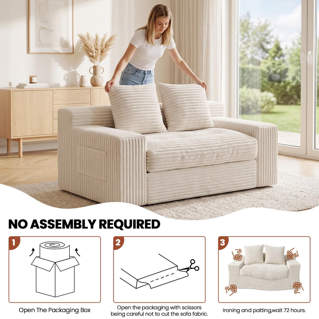Small Boneless Couch, Boneless Loveseat Convertible Sofa Bed Sleeper Sofa Couch Bed with 2 Pillows, Corduroy Folding Floor Futon Foldable Boneless Couch for Living Room, Guest Room, Small Space, Black