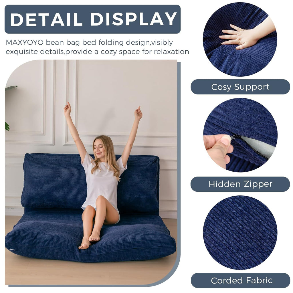 MAXYOYO Folding Sofa Bed, Extra Thick and Long Floor Sofa Convertible Chair with Washable Cover, Floor Couch Lounge Bean Bag Bed for Living Room, Dark Grey, 54x91 Inch