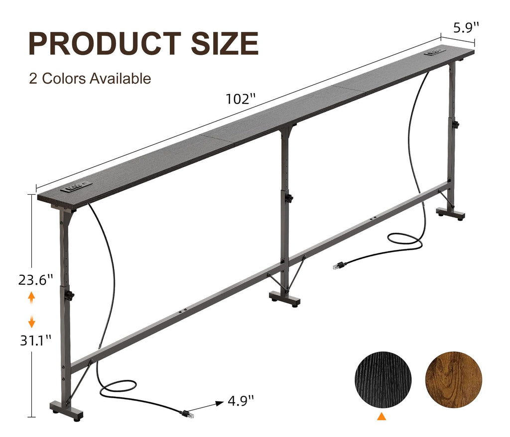 106"-157" Adjustable Length Behind Couch Sofa Table with 3 Power Outlets