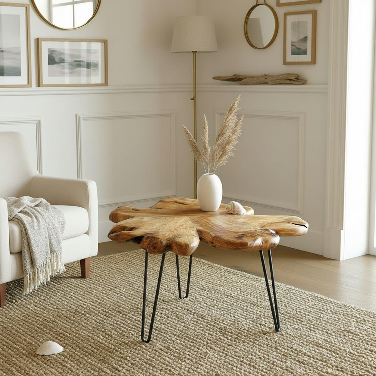 WELLAND Flower-Shaped Live Edge Cedar Coffee Table 32" W x 32" D x 20.5" H
