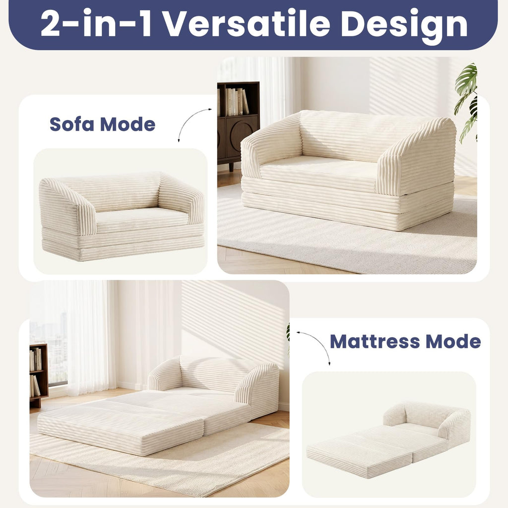 JUIKURY Convertible Sofa Bed, 3-in-1 Foldable Loveseat Couch with Armrest, Corduroy Floor Sofa & Sleeper Bed, No Assembly High-Density Foam Futon Mattress for Living Room, Small Apartment, Dorm