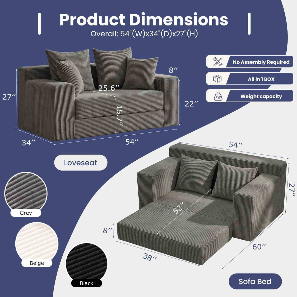 3-in-1 Convertible Sofa Bed: Boneless Loveseat Sleeper & Folding Couch Bed with 4 Pillows & Detachable Cushion, Furry Futon Couch for Bedroom, Apartment, Office and Living Room, No Assembly, Orange