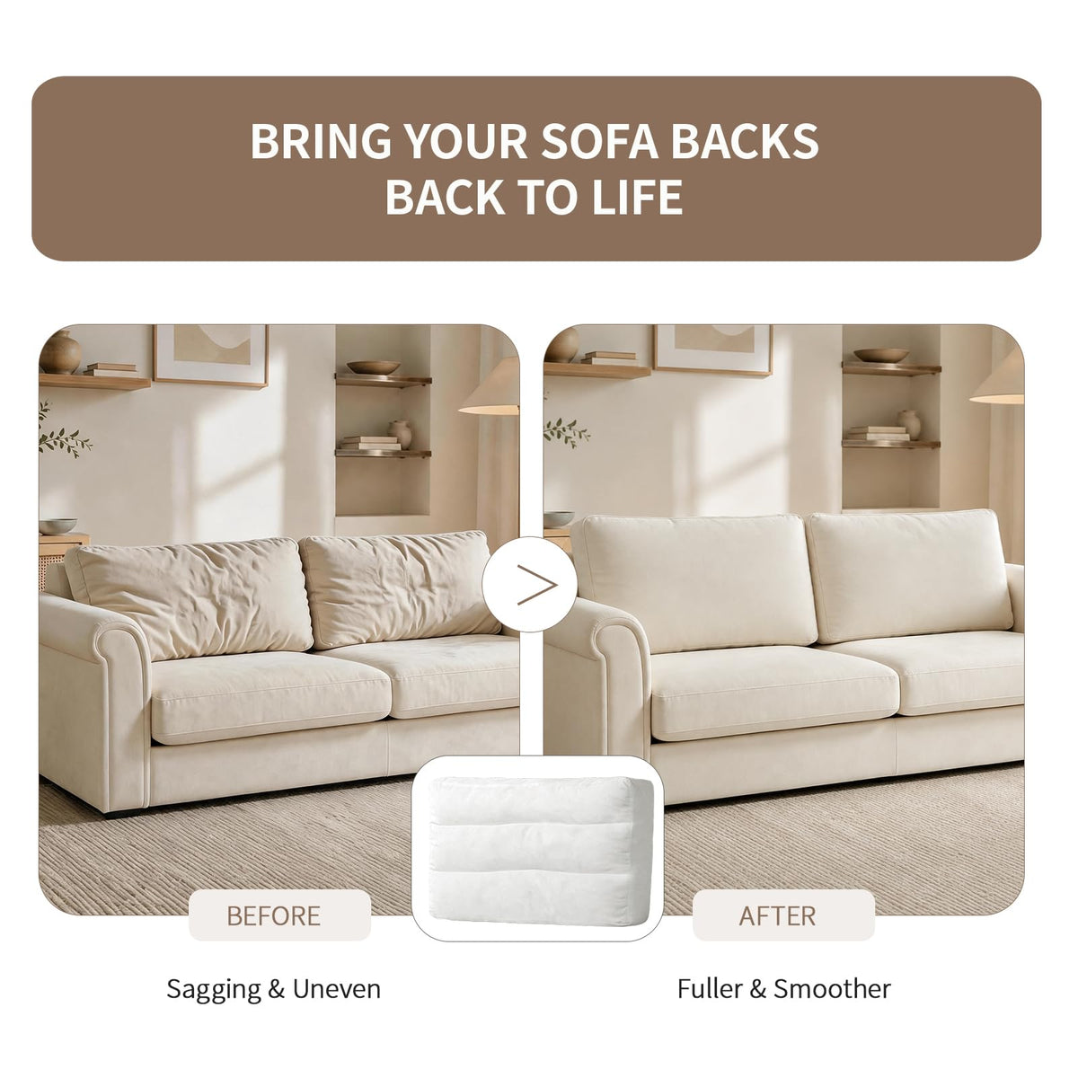 Couch Back Cushion Insert, 28"L x 18"W x 6"H, 3 Pack Replacement
