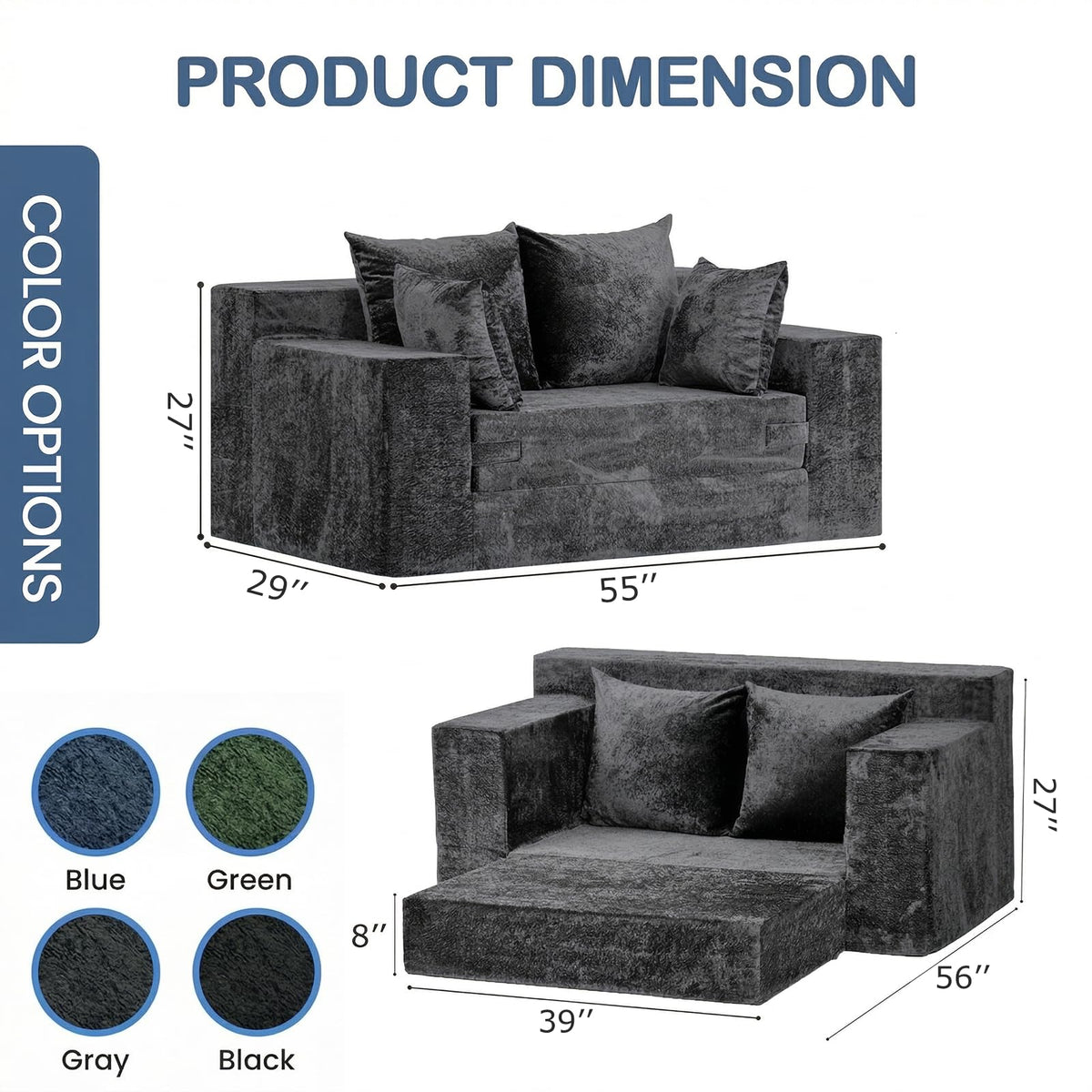 55" Small Boneless Couch, 3-in-1 Boneless Loveseat Sleeper Sofa Bed Convertible Sofa Bed with 4 Pillows, Black Corduroy Boneless Couch for Living Room, Guest Room, Small Space, No Assembly Required