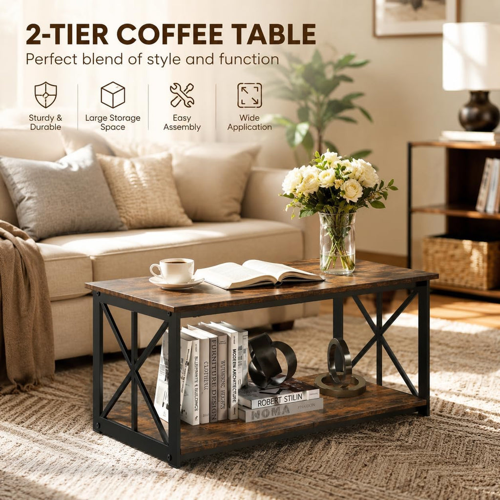 Manora Industrial Rectangular Coffee Table with Storage Shelf, Rustic Brown