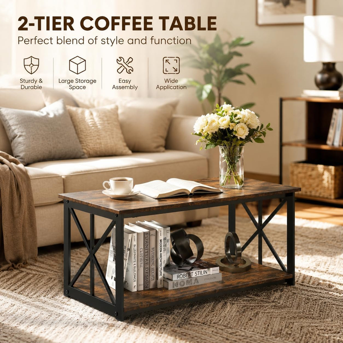 Manora Industrial Rectangular Coffee Table with Storage Shelf, Rustic Brown