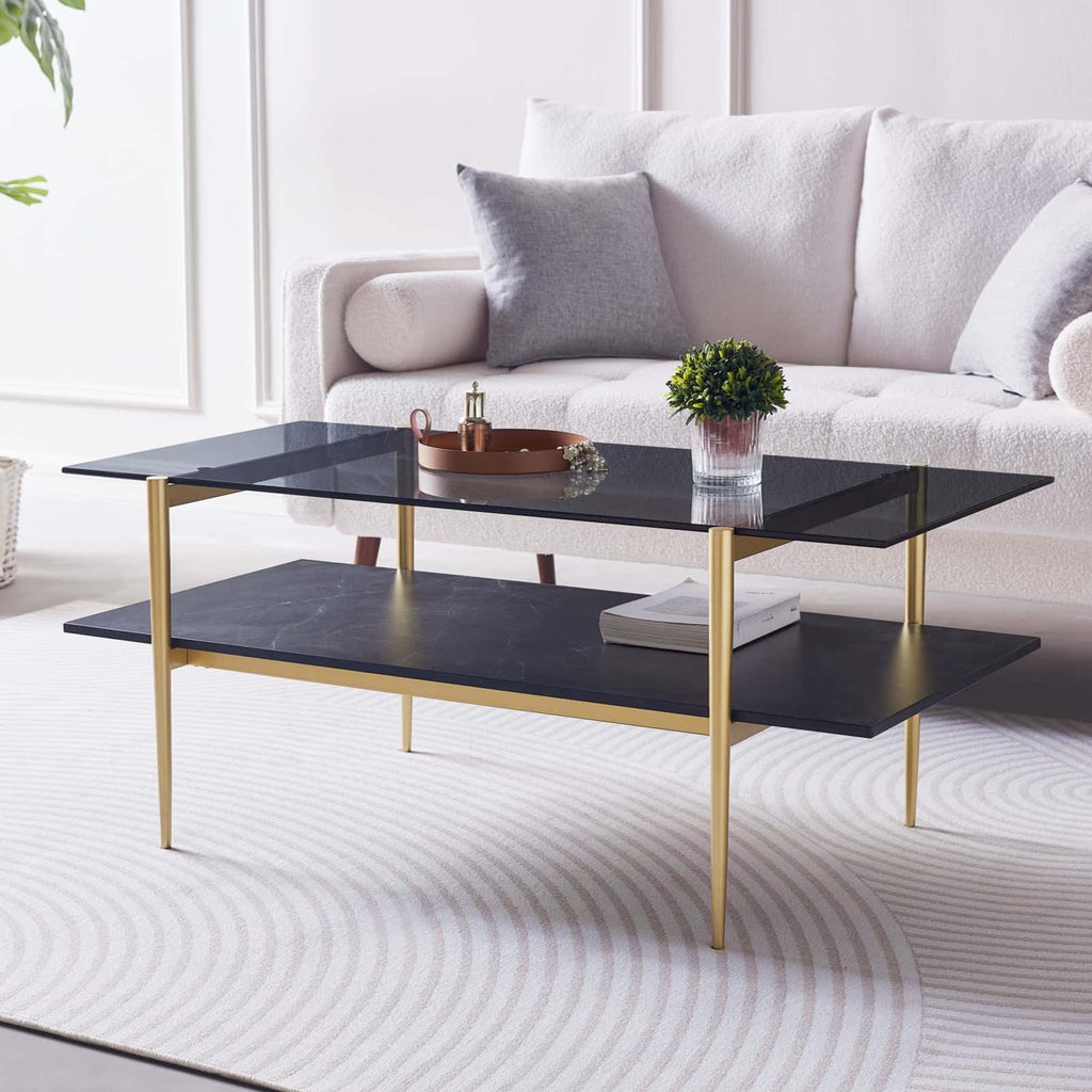 LumFurn Round Coffee Table for Living Room, Mid-Century Modern Design, D30 x H17, 2-Tier Structure, Grey Glass Top and Black Marble Finish Wood Shelf, Sleek Conical Metal Legs with Gold Finish Frame