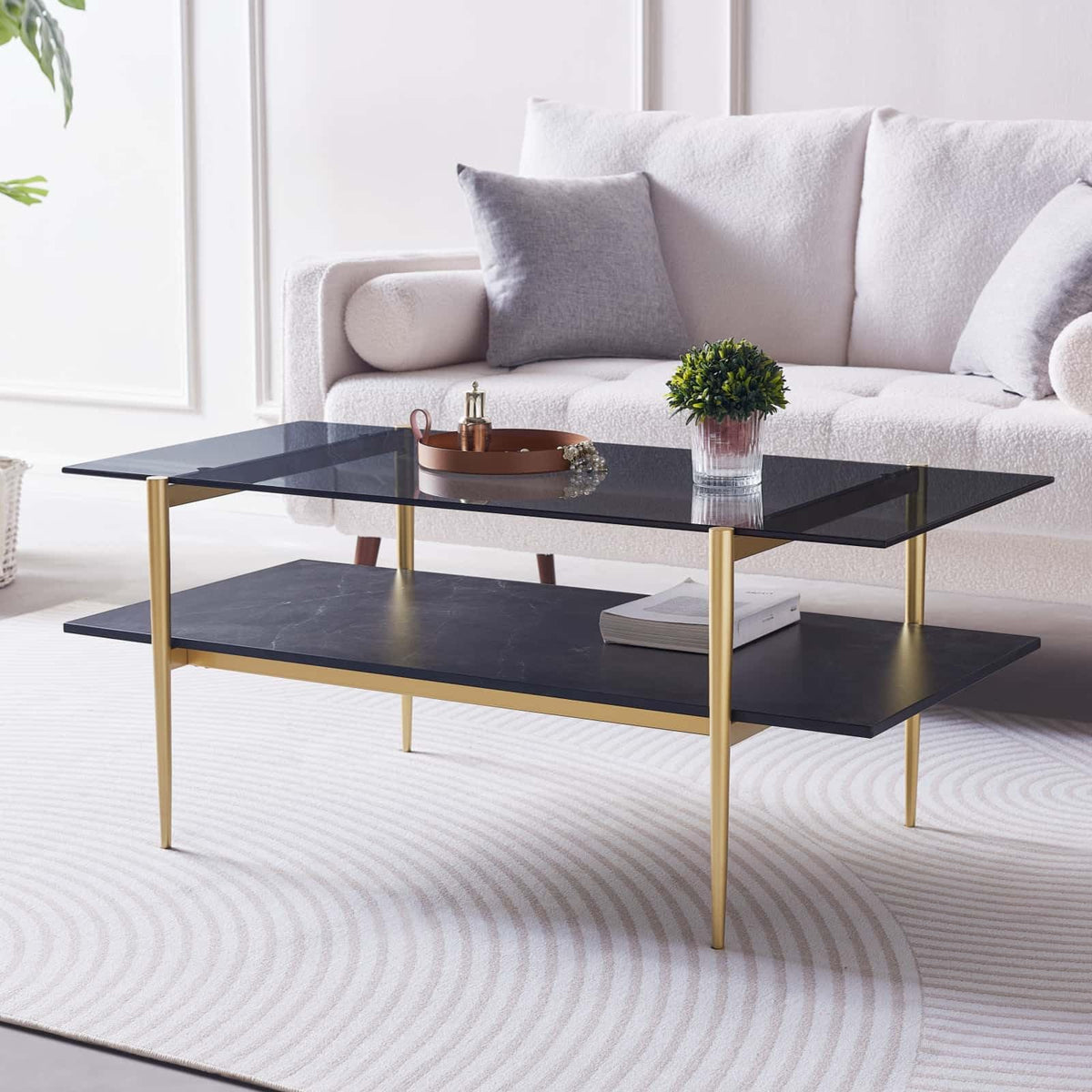 LumFurn Round Coffee Table for Living Room, Mid-Century Modern Design, D30 x H17, 2-Tier Structure, Grey Glass Top and Black Marble Finish Wood Shelf, Sleek Conical Metal Legs with Gold Finish Frame
