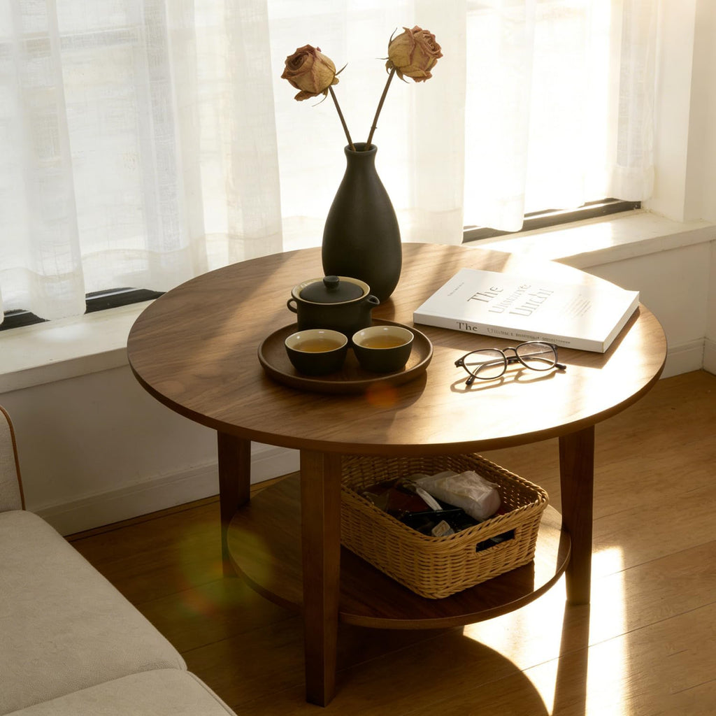 2-Tier Round Coffee Table Wood Nesting Side Table (Walnut, 28x28x18)