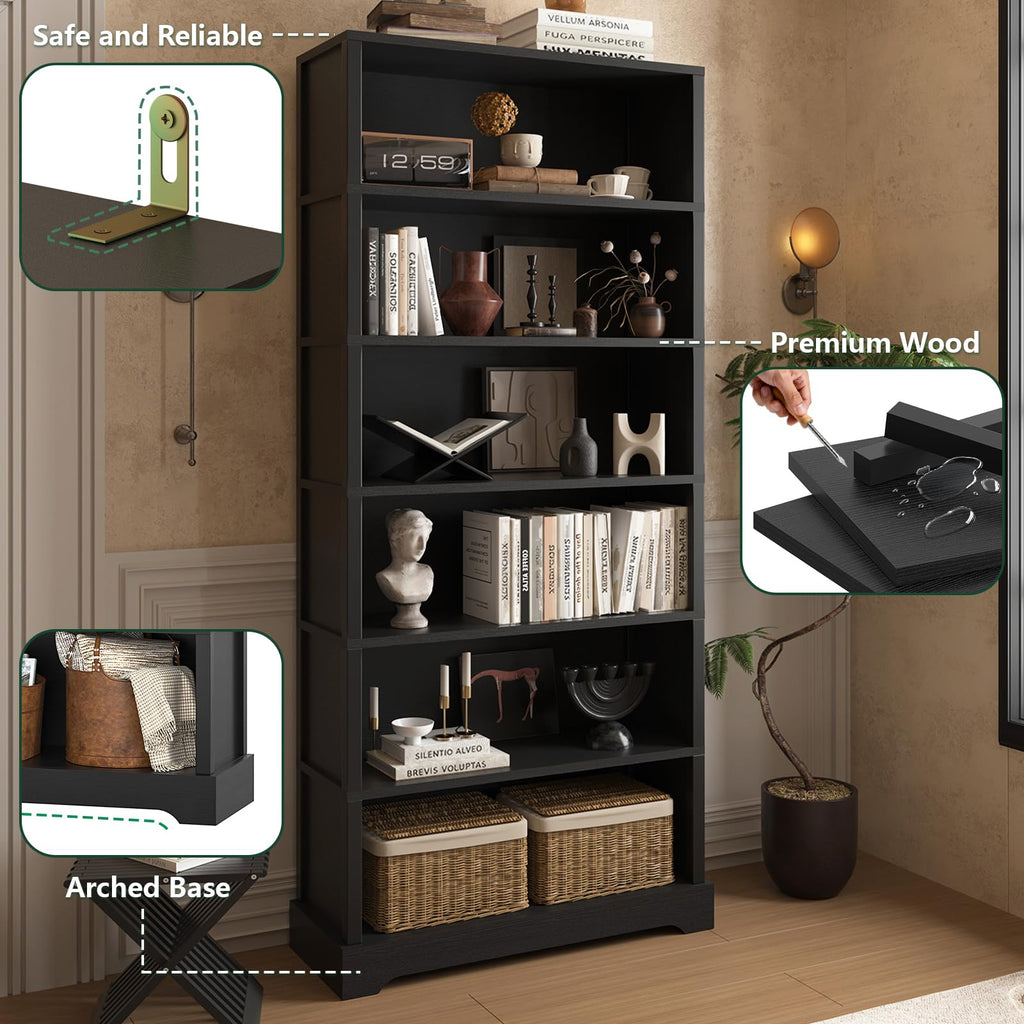 TVU 5 Tiers Wooden Bookshelf, 65.2" Tall Farmhouse Style Open Bookcase, 31.5" Wide Standing Book Shelf with Storage for Study Room, Living Room, Walnut Brown