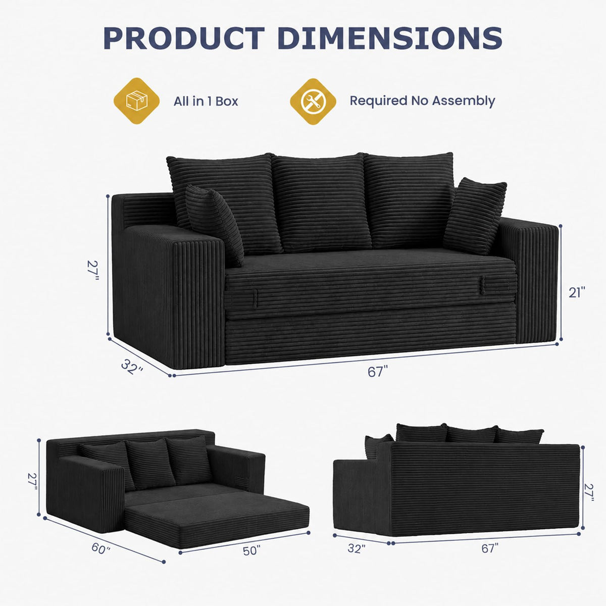 cidludto Convertible Sofa Bed, 3 in 1 Loveseat Folding Couch Bed Foldable - Chaise Lounge Chair & Floor Futon Sofa, Corduroy Pull Out Sofa Bed with 4 Pillows for Living Room, Beige