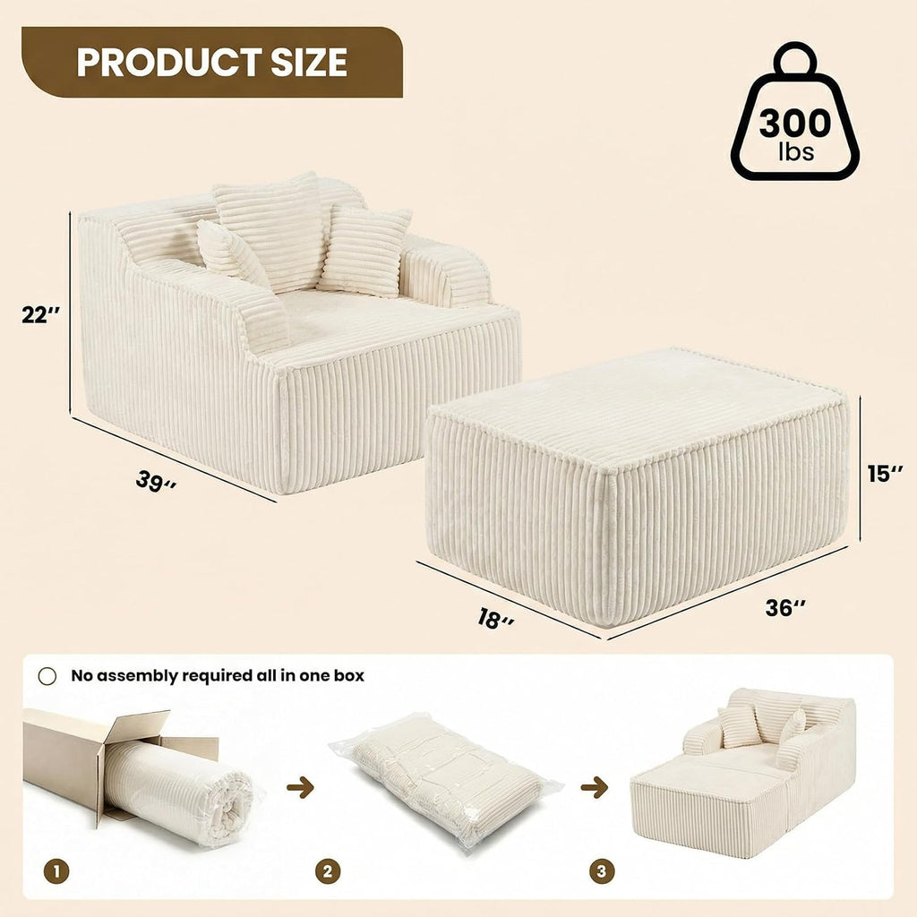 Chaise Lounge Chair Indoor,Boneless Chair with Ottoman,Comfy Reading Chair for Adults,Small Sofa Bed Couch for Living Room,Single Sleeper Chair Bed,Beige