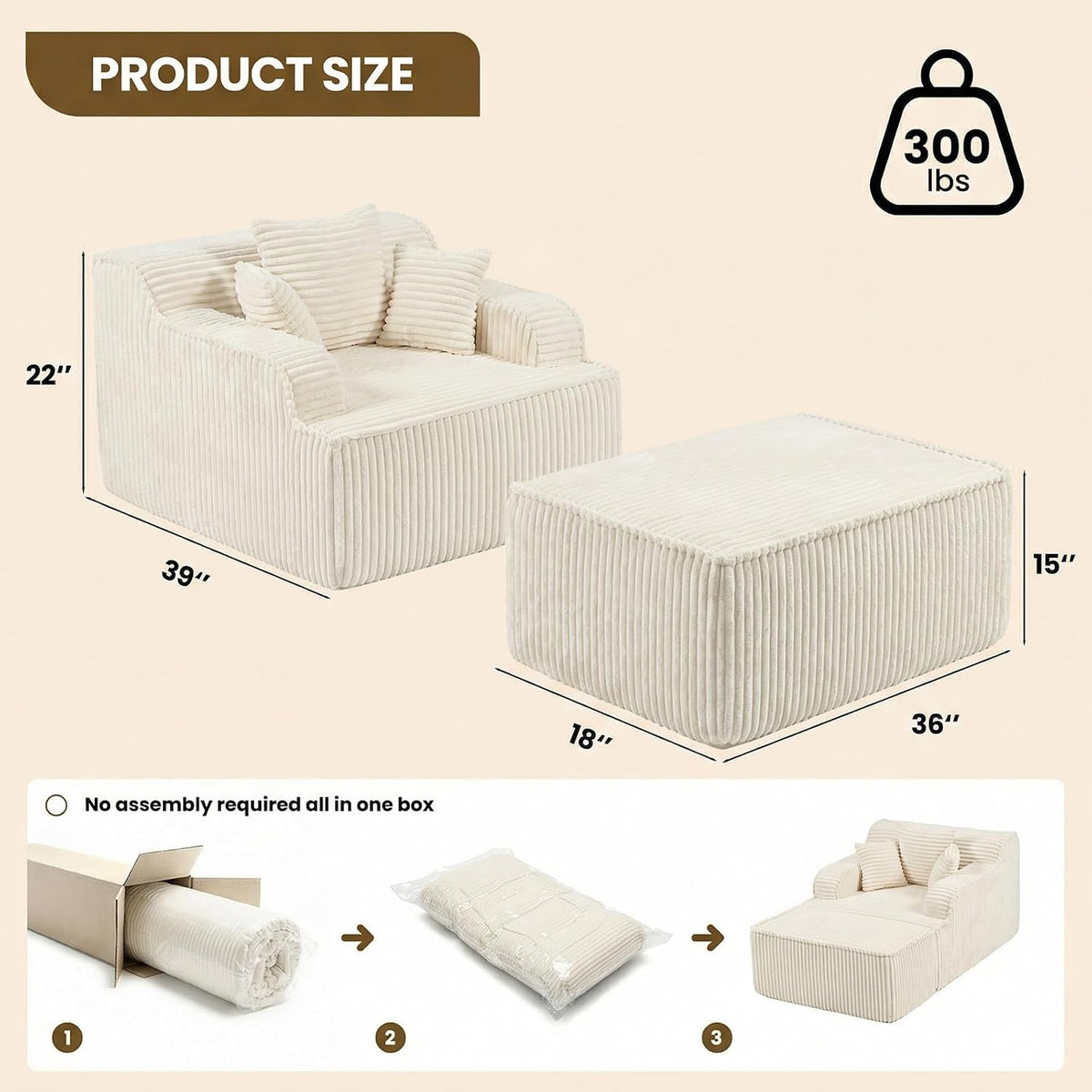 Chaise Lounge Chair Indoor,Boneless Chair with Ottoman,Comfy Reading Chair for Adults,Small Sofa Bed Couch for Living Room,Single Sleeper Chair Bed,Beige