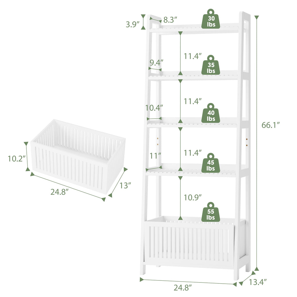 Bamjoy Bamboo Ladder Shelf, Bookshelf with 4 Display Shelves and 1 Open Storage Basket, Multifunctional Storage Rack Organizer for Home Office, Bedroom, Living Room, 66â H Natural
